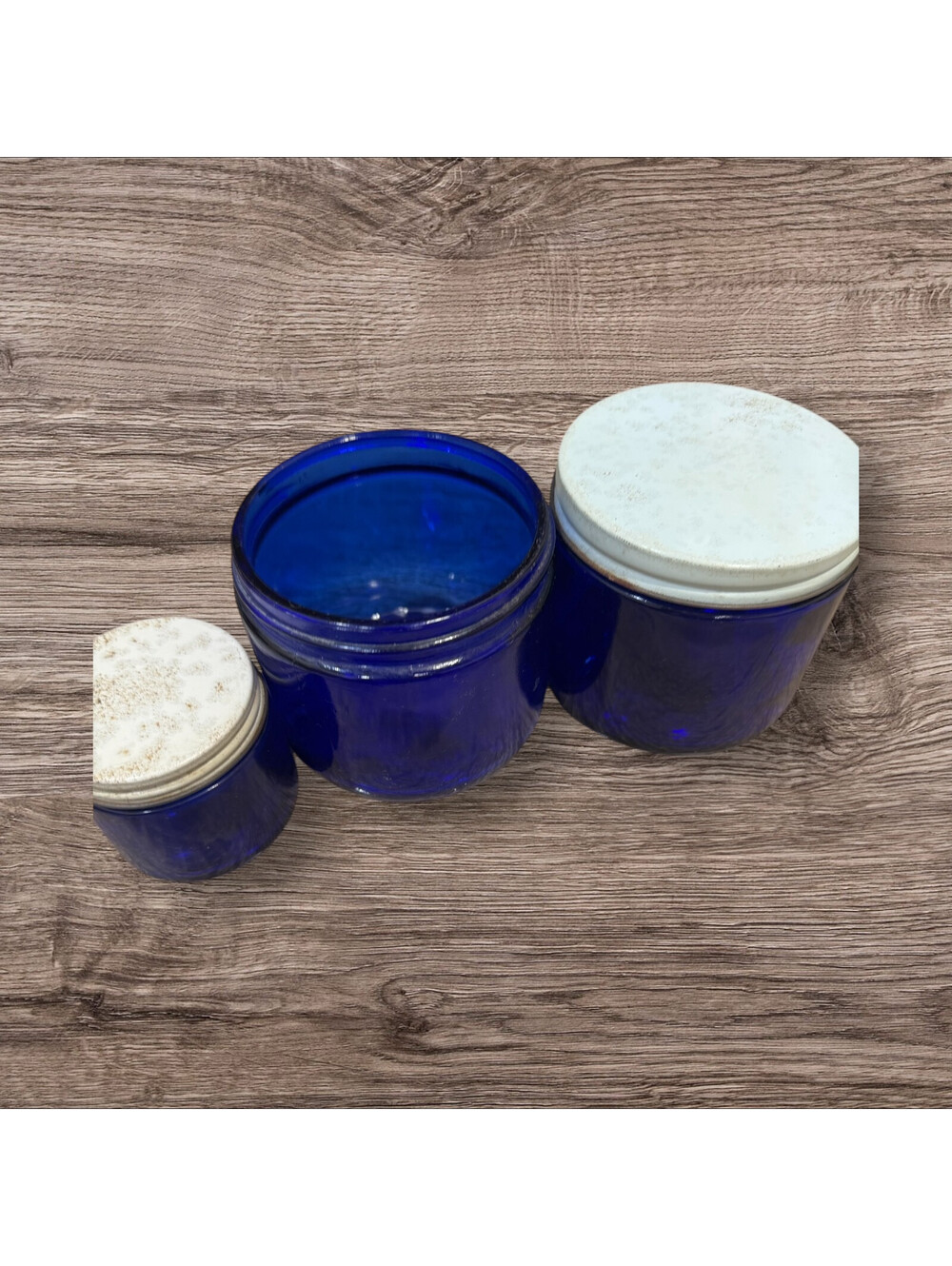 Vintage Noxzema Glass Jar Lot Of 3 Lid Cobalt Blue 10 Oz 3 Oz Empty. No Labels - Picture 8 of 12